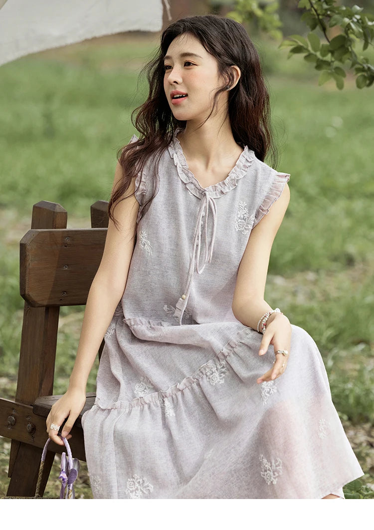 MISHOW Summer Embroidered Dress for Women 2025 New Round Neck Ruffled Sleeveless A-line Midi Dresses Female Fashion MXE33L2231