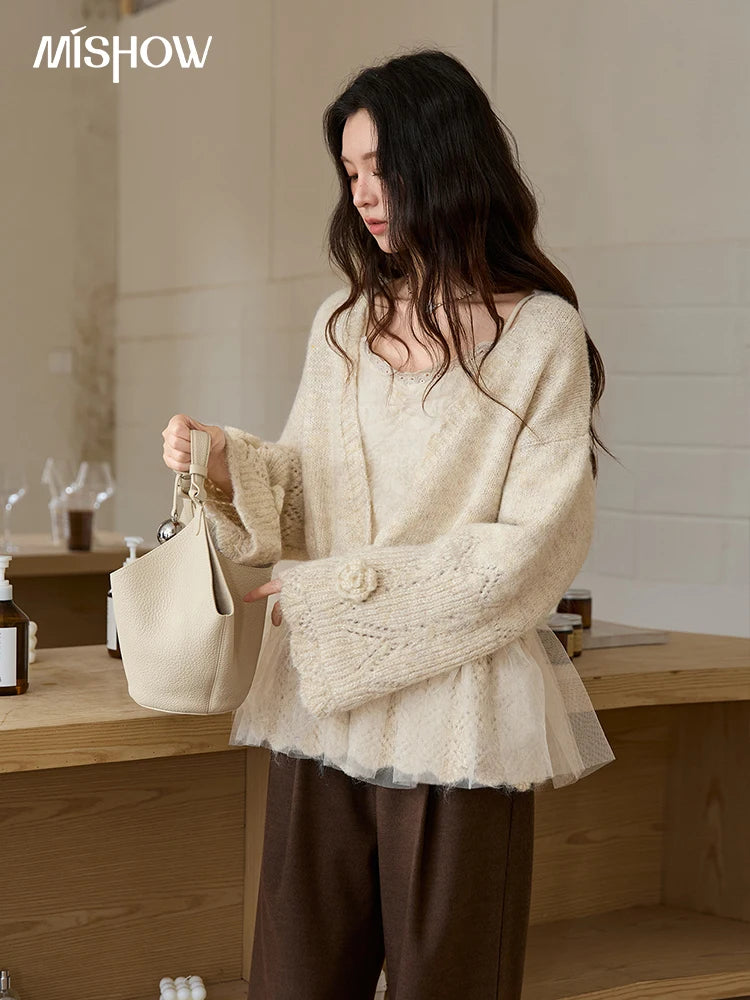 MISHOW Apricot Mesh Stitching Knit Cardigan for Woman Fashion Drawstring Waist Three-dimensional Flower Loose Sweater MXE88Z2707