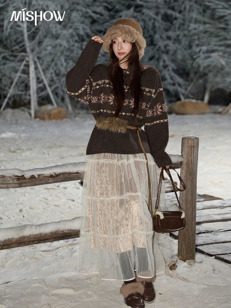 MISHOW Women's Pullovers 2025 Winter Retro Brown Loose Crew Neck Snowflake Jacquard Sweaters Commute Warm Knit Top MXE86Z2655