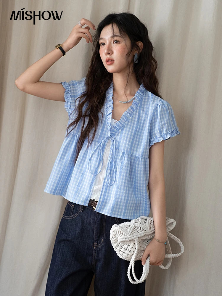 MISHOW Women's Plaid Blue Fake Two Piece Blouse 2025 Summer Fashion Puff Sleeve V-neck Lace Up Top Female Clothing MXE37X1901