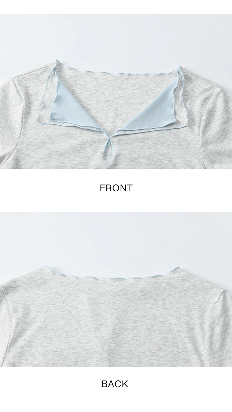 MISHOW Grey Blue Fake Two Piece Contrasting T-shirt for Women Summer 2025 Lapel Wavy Edge Slim Tees Cotton Blend Top MXE35T0567