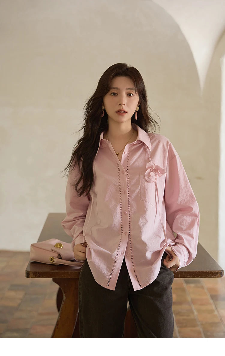 MISHOW 100% Cotton Shirt For Women Autumn 2025 New Fashion Petal Ribbon Button Long Sleeves Shirt Women's Clothing MXE41C2349
