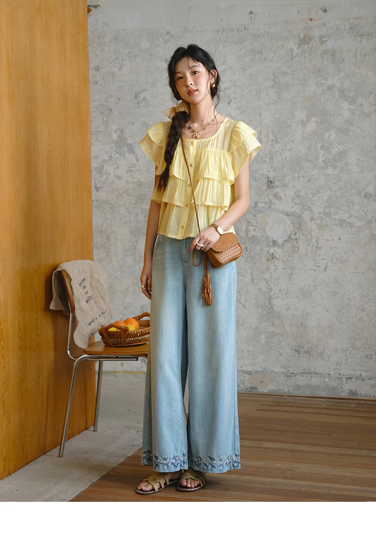 MISHOW Butterfly Sleeve Chiffon Shirt Women's 2025 Summer New Women's Clothing Retro Square Neck Button Casual Shirt MXD30X1488