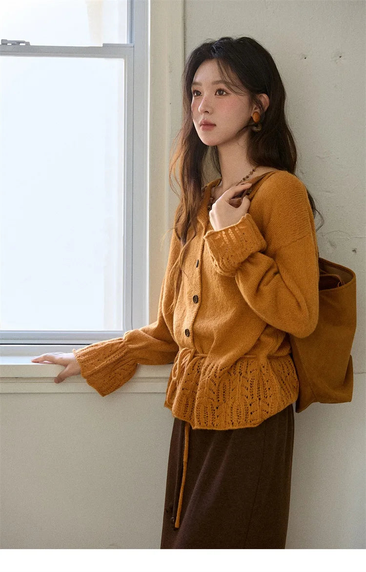 MISHOW Orange Cardigan Women 2025 Winter Retro Openwork Crochet Pattern Knit Top Loose Warm Flared Sleeves Sweater MXE87Z2685
