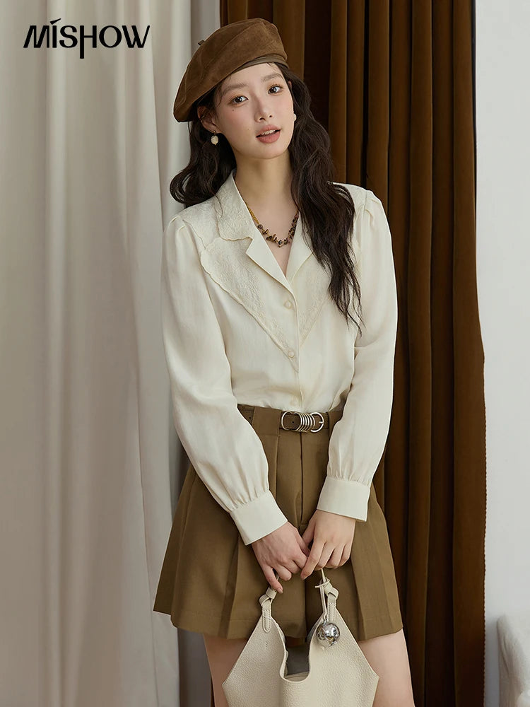 MISHOW Women's Casual Shirts 2025 Autumn Apricot Retro Lace V-neck Top Long Sleeve Lightweight Shirts Women Clothing MXE45X2486