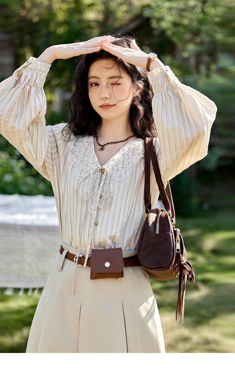 MISHOW French Retro V-neck Lace-up Striped Shirt for Women Spring 2025 Embroidered Lace Long Sleeve Top Casual Shirts MXE12X1715