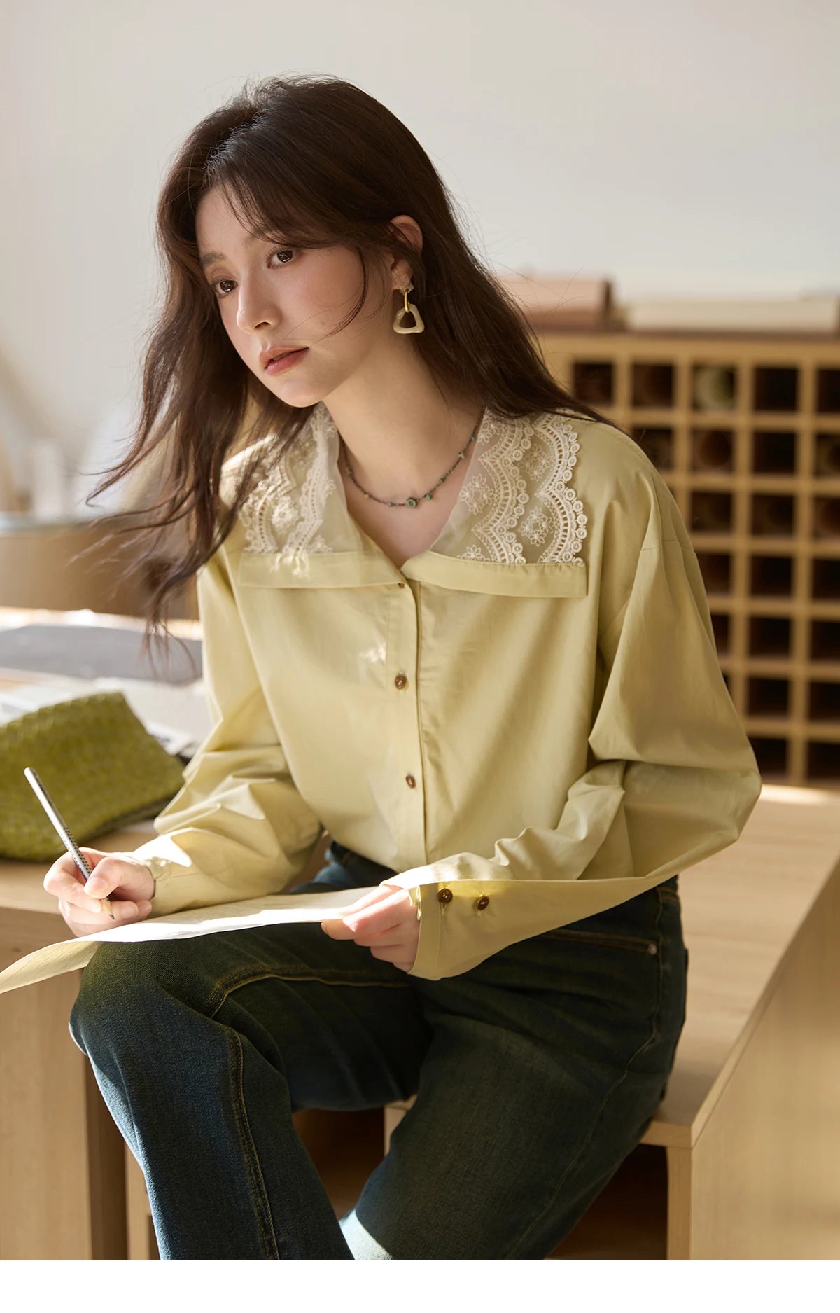 MISHOW Autumn Solid Cotton Shirt Autumn V-neck Double-layer Lace Retro Design Shirts Single Breasted Tops Office Lady MXE41C2366