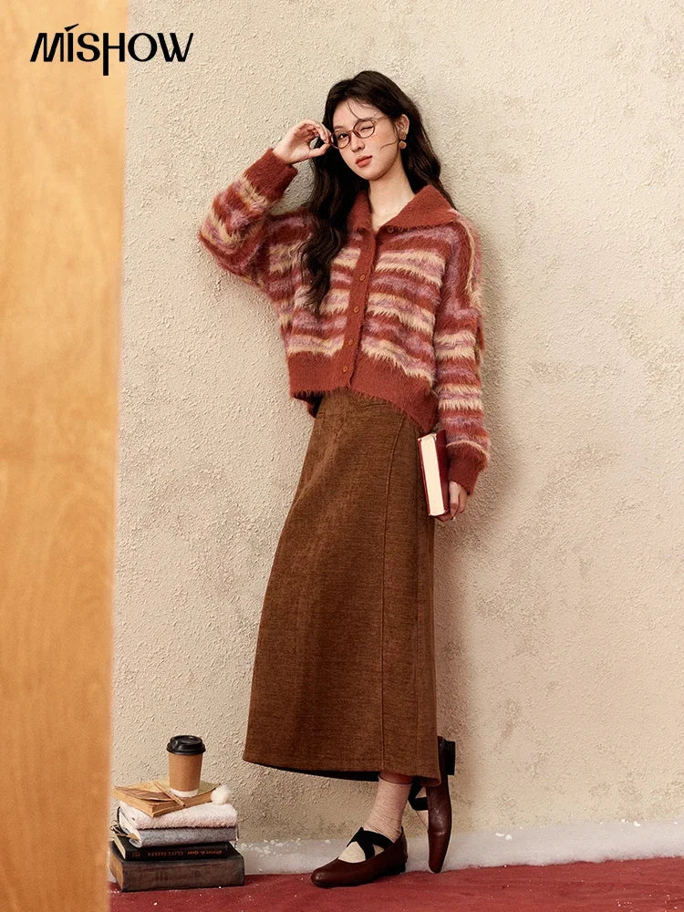 Mishow Red Striped Faux Mink Fur Stand Collar Cardigan MXD59Z1005