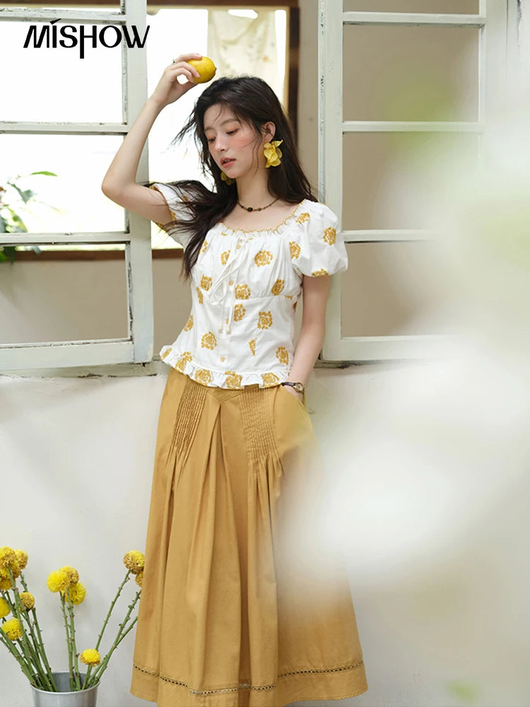 MISHOW Yellow Flower Embroidery Blouse Puff Sleeve Lace Up MXE35X1811