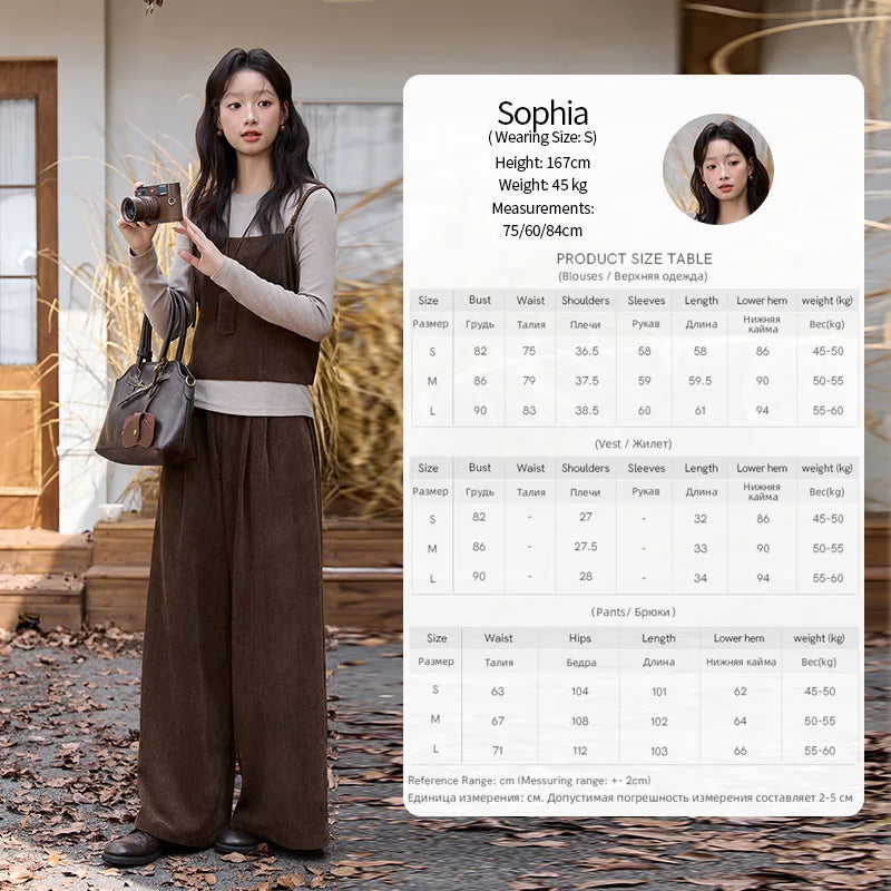 MISHOW Three-piece Suit Women 2025 Retro Brown Vest Wide-leg Pants Gray Long Sleeves Tops Autumn Women's Pants Set MXE49T1422