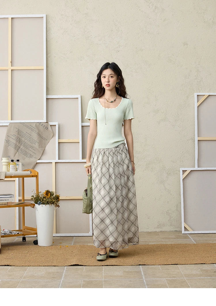 MISHOW Apricot Green Retro Plaid Skirt for Women Summer 2025 Pleated Chiffon High Waist Elegant Slim A-line Skirts MXE35B0747