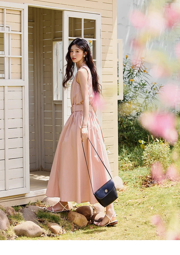 MISHOW Women's Vest Dress 2025 Summer Hand Woven Fried Dough Twists Waist Belt Slim Long Dress A-line Vacation Dress MXE34L2223