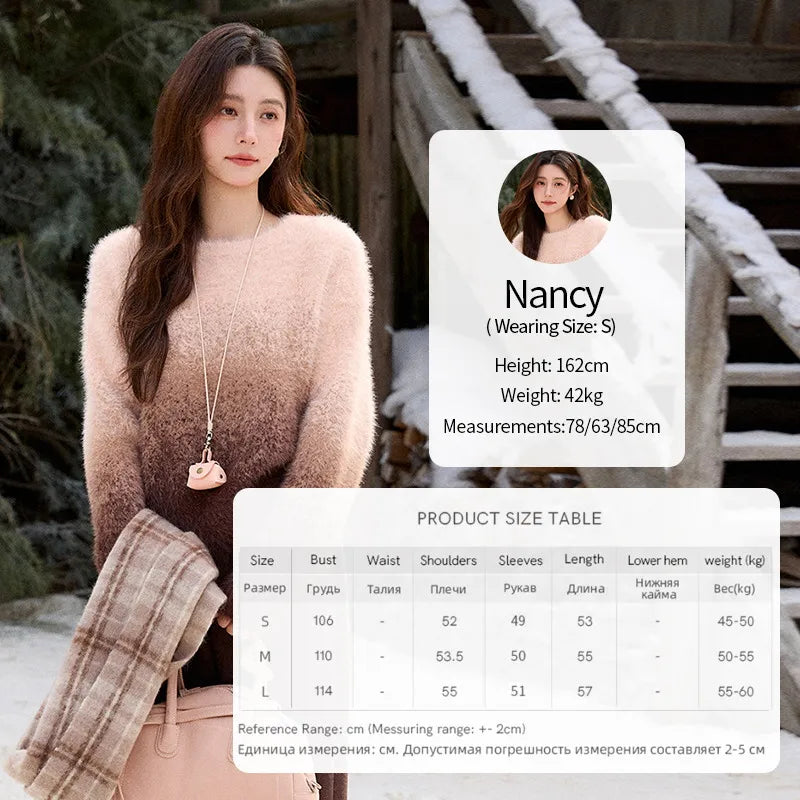 MISHOW Gradient Faux Mink Plush Sweater for Women Autumn Winter 2025 Round Neck Warm Top Thickened Knitted Sweater MXE92Z2850