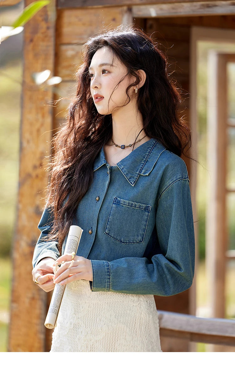 MISHOW Retro Washed Denim Shirt Spring 2025 Double Layered Patchwork Collar Shirt Metal Buckle Single Breasted Tops MXE12C0751