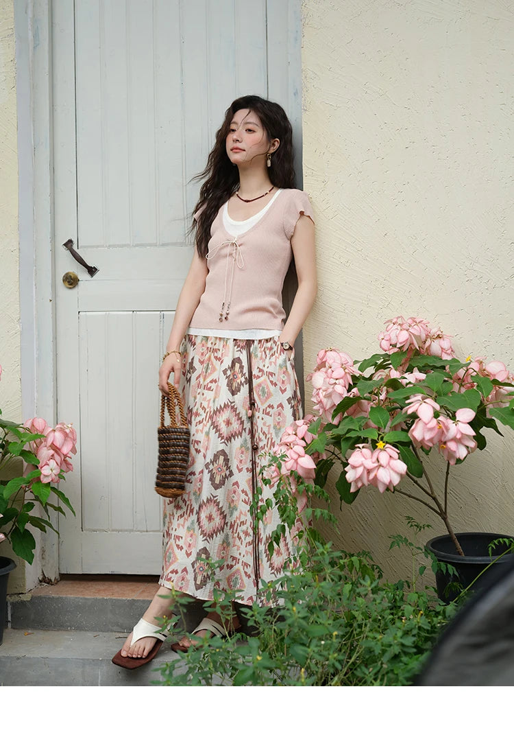 MISHOW Round Neck Patchwork Knitt Sweater for Women 2025 Summer Flying Sleeve Lace Up Versatile Top Female Clothing MXE37Z1278