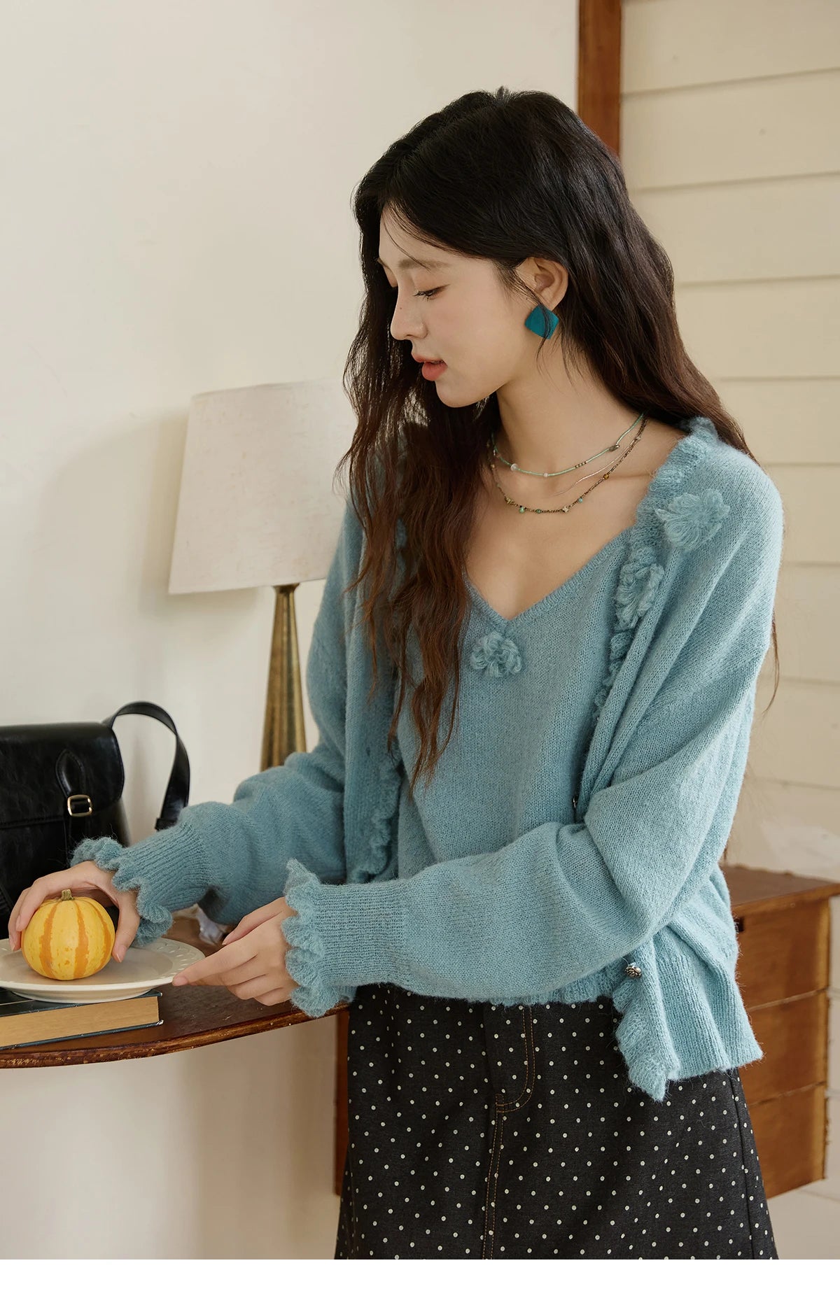 MISHOW Blue Knitted Cardigan Strap Two Piece Set 2025 Autumn Sweater Cardigan Lotus Leaf Edge Flower V-neck Camis Set MXE45T1377