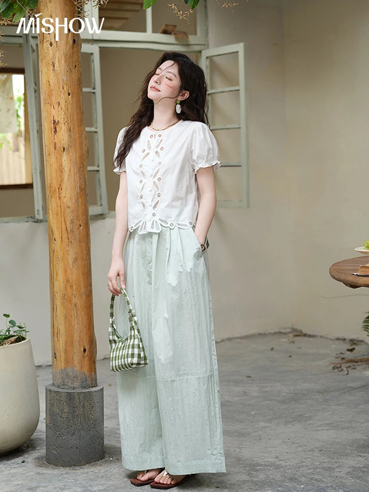 MISHOW 100%Cotton Hollow Embroidery Round Neck Shirt for Women 2025 Summer Puff Sleeve Casual Top Women's Clothing MXE39X1938