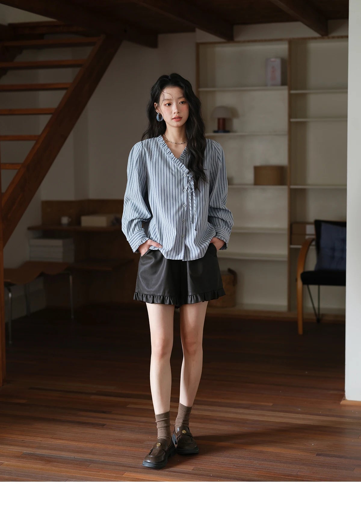 MISHOW Blue Striped Peach Skin Velvet V-neck Shirts for Women Autumn 2025 Asymmetrical Lace-up Commuting Casual Shirt MXE42X2472