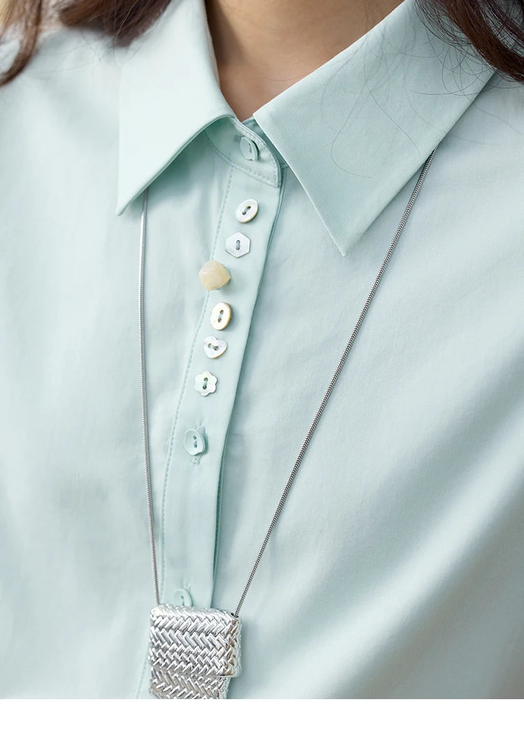 MISHOW Light Green Bubble Sleeve Shirt for Women Summer 2025 Lapel Collar Irregular Button Shirts Cotton Commuter Top MXE34C0788