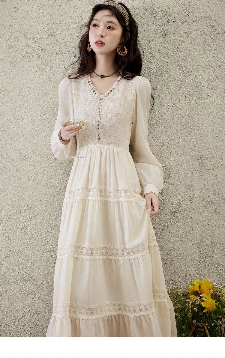 MISHOW Apricot Vacation Dress for Women Spring 100 Cotton Splicing Lace Retro Dress V-neck Waist Slim Long Dresses MXE16L2168