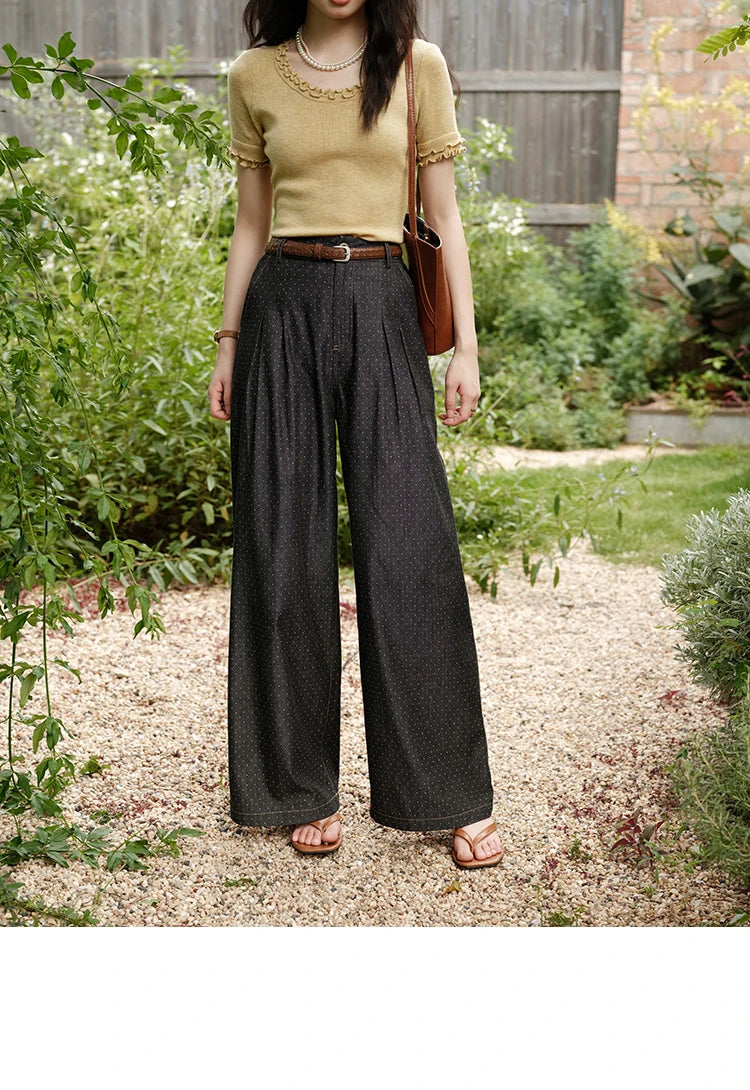 MISHOW Women's Fashion Polka Dot Pants Summer 2025 New High Waist Straight Pants Casual Button Zipper Wide Leg Jeans MXE38K0956