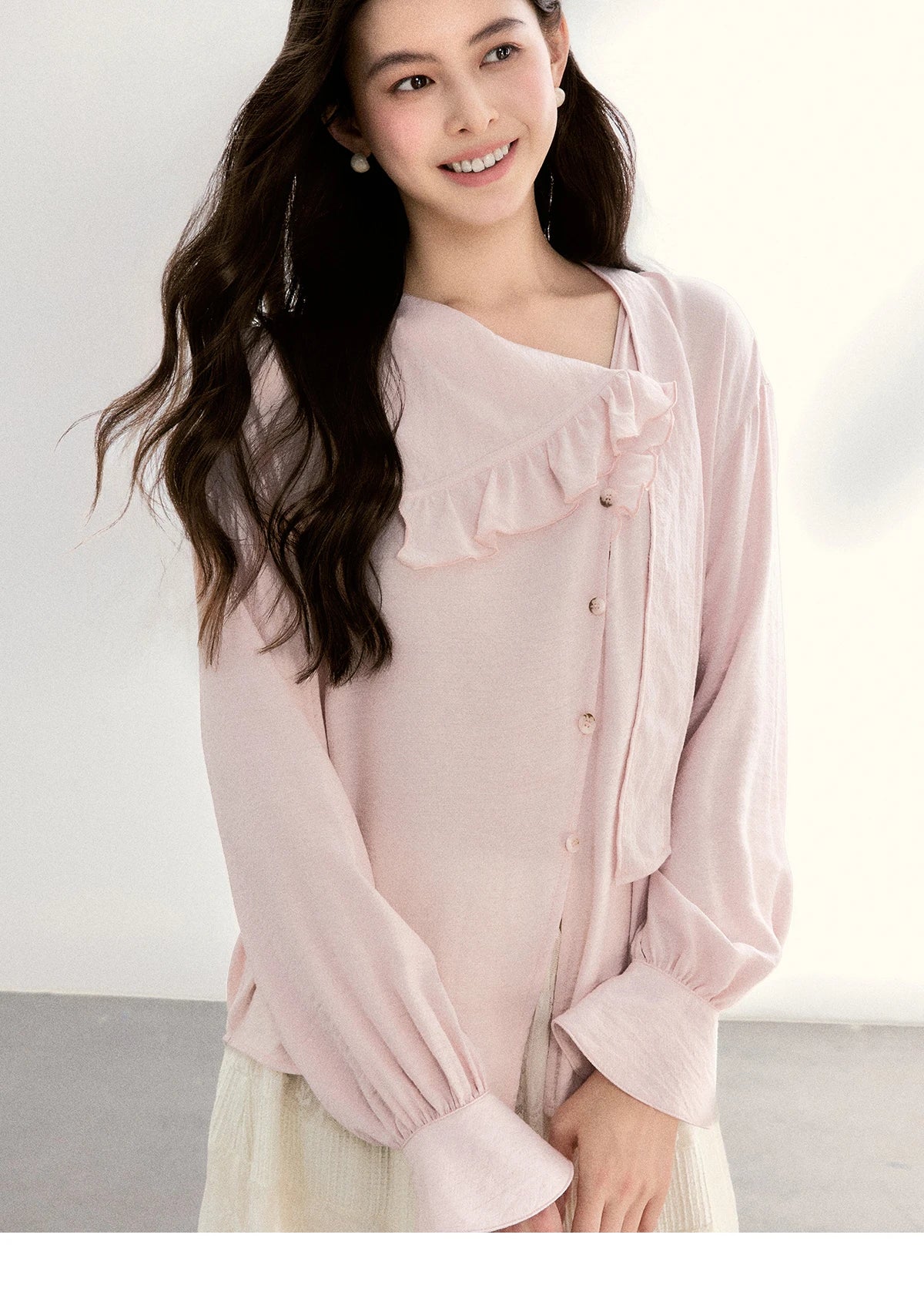 MISHOW Women's Pink Elegant Blouse 2026 Spring Asymmetrical Ruffled Collar Button Shirts Puff Sleeve Casual Loose Top MXF11X2520