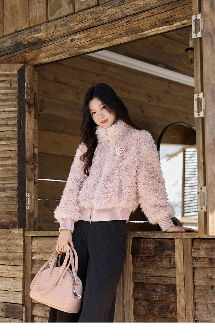MISHOW Women's Pink Stand Collar Faux Lamb Wool Coat Winter Flower Brooch Warm Outerwear with Pockets Metal Zipper MXE91W0974