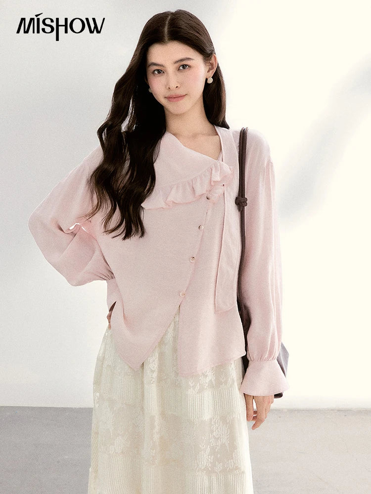 MISHOW Women's Pink Elegant Blouse 2026 Spring Asymmetrical Ruffled Collar Button Shirts Puff Sleeve Casual Loose Top MXF11X2520