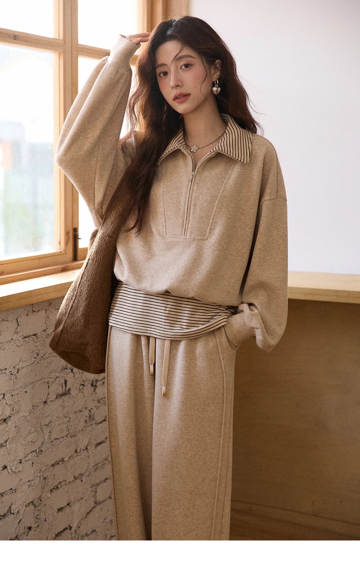 MISHOW Woman Pants Set 2025 Winter Casual Retro Sweatshirt Set Striped Lapel Half-Zip Sweatshirt Wide Leg Pants MXE87T1425