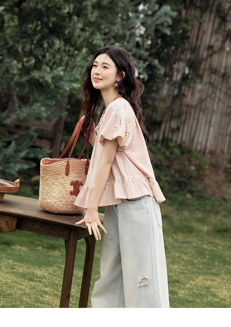 MISHOW French Summer Blouse Women 2025 Short Puff Sleeve Round Neck Solid Hollow Embroidery Shirts Woman Holiday Thin MXE31X1747