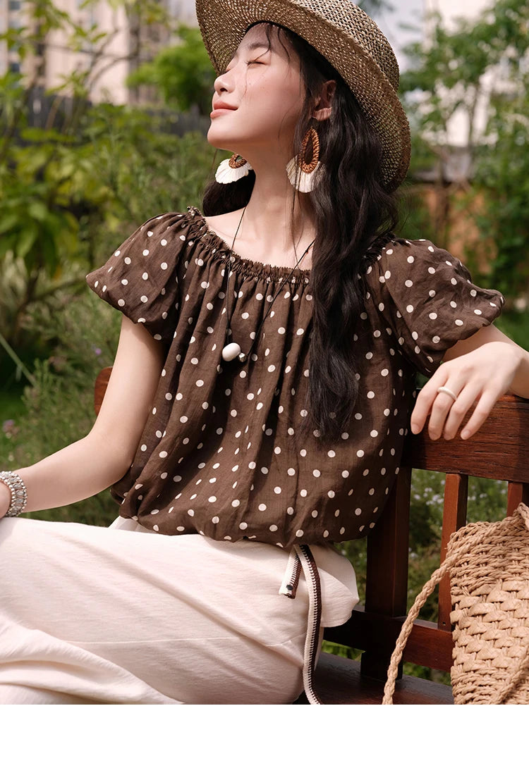 MISHOW Women's Two-Piece Set Fashion Polka Dot One Shoulder Puff Sleeve Blouse Summer 2025 Casual Wide Leg Pants Set MXE38T0683