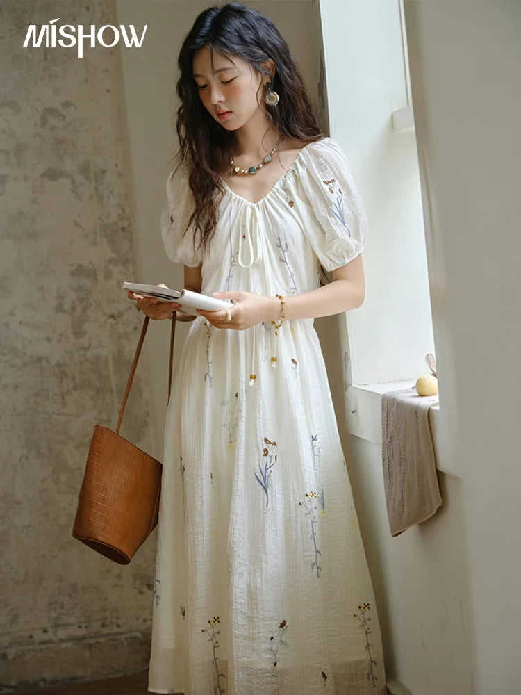 MISHOW Ladies Fashion V-neck Lace Up Dress 2025 Summer Slim Short Sleeve Embroidery Vacation Dresses Female Clothing MXE34L2284