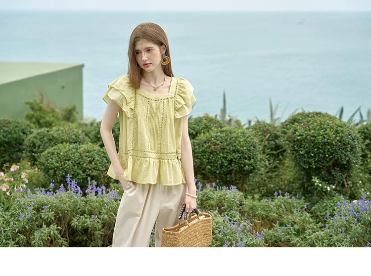 MISHOW Korean Lace Hollowed Out Flying Sleeve Blouse for Women 2024 Summer Square Neck Doll Shirt Casual Top MXD30X1574