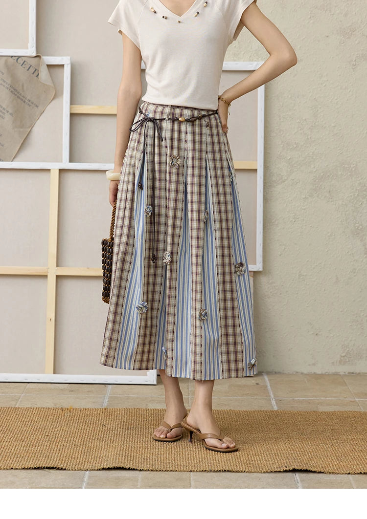 MISHOW Retro Plaid Patchwork Pleats Skirt Summer 2025 Versatile Flowers Slim Skirt A-LINE Skirts Excluding Waist Belt MXE35B0726
