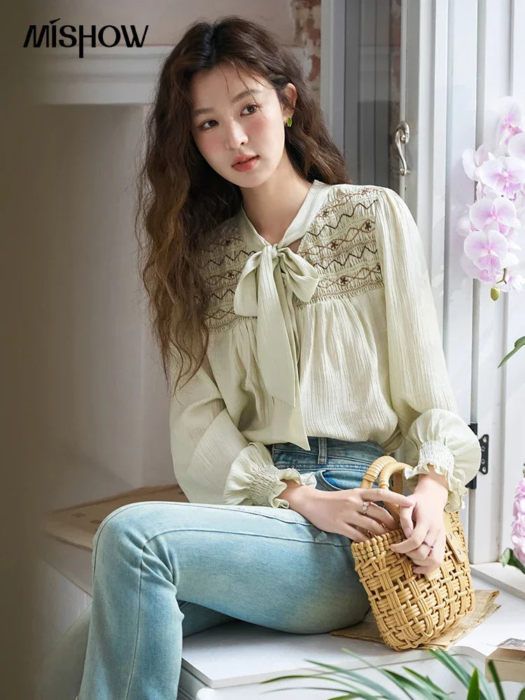 MISHOW Ribbon Collar Shirt for Women Autumn 2025 Sweet Cuffs Pleated Embroidered Petal Sleeve Loose Top Office Lady MXD14C0226