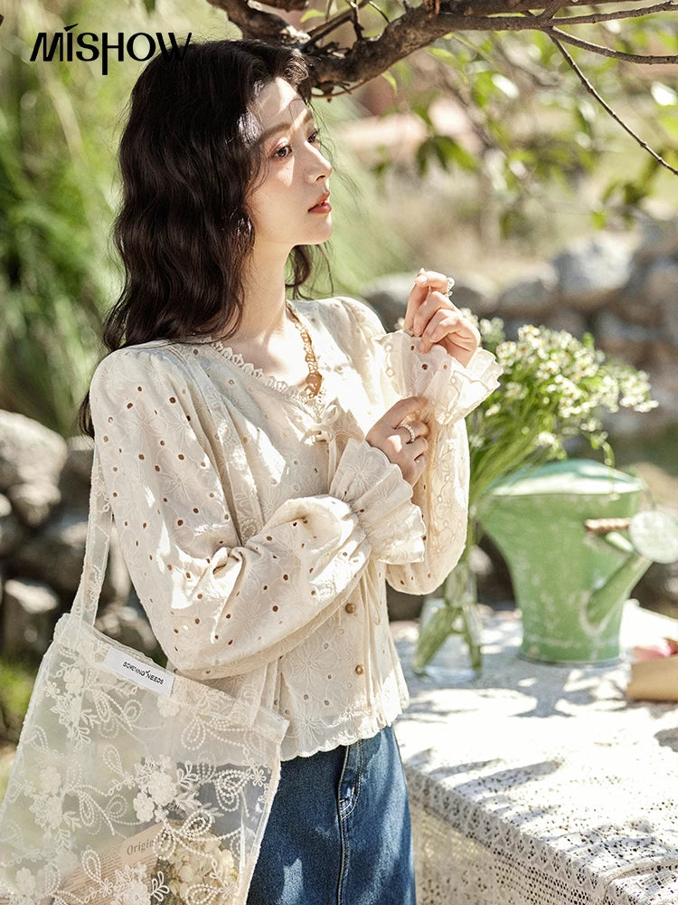 MISHOW Hollow Lace Shirt for Women Spring 2025 French Retro Lace100 Cotton Shirt V Neck Waist Elastic Cuffs Blouses MXE12X1710