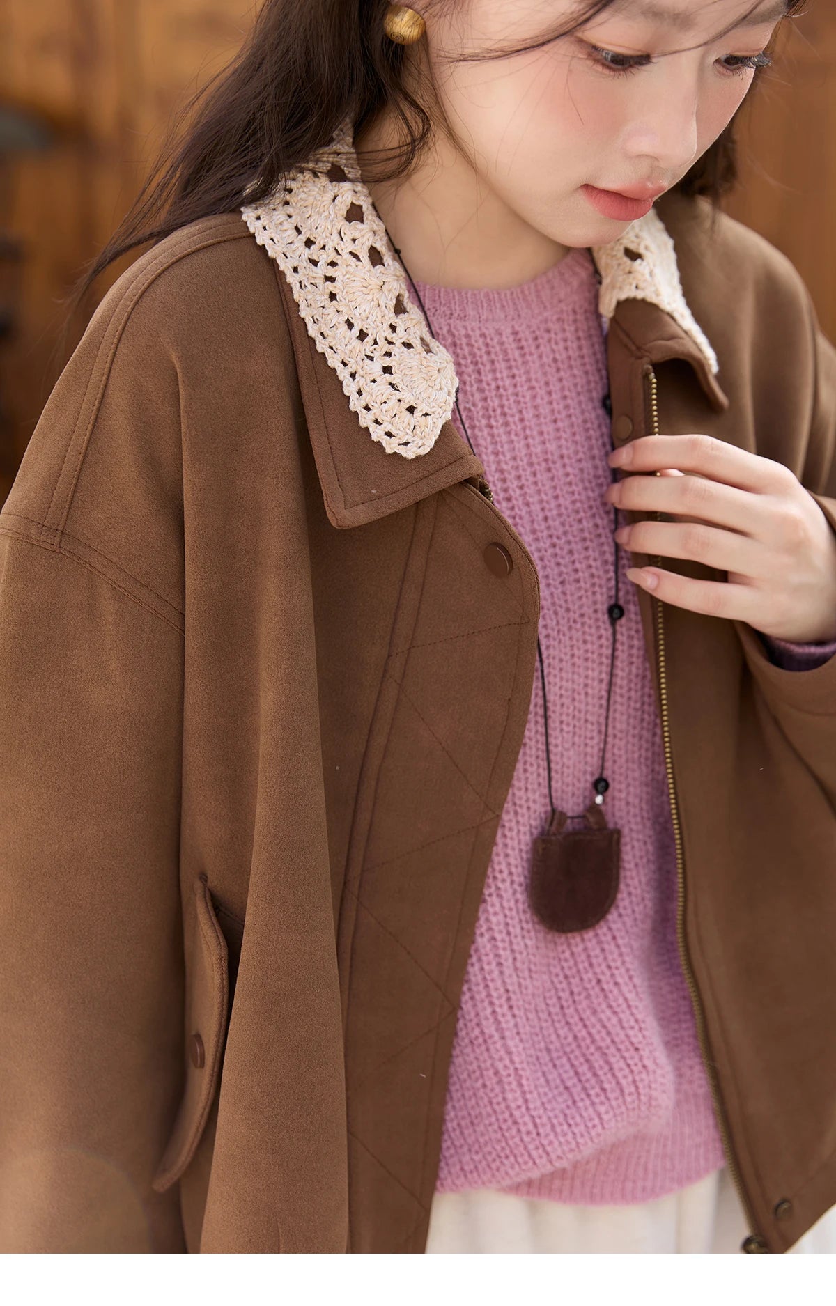 MISHOW Brown Jacket for Women 2025 Autumn Winter Retro Detachable Lace Collar Drawstring Hem Jacket Women's Clothing MXE45W0846