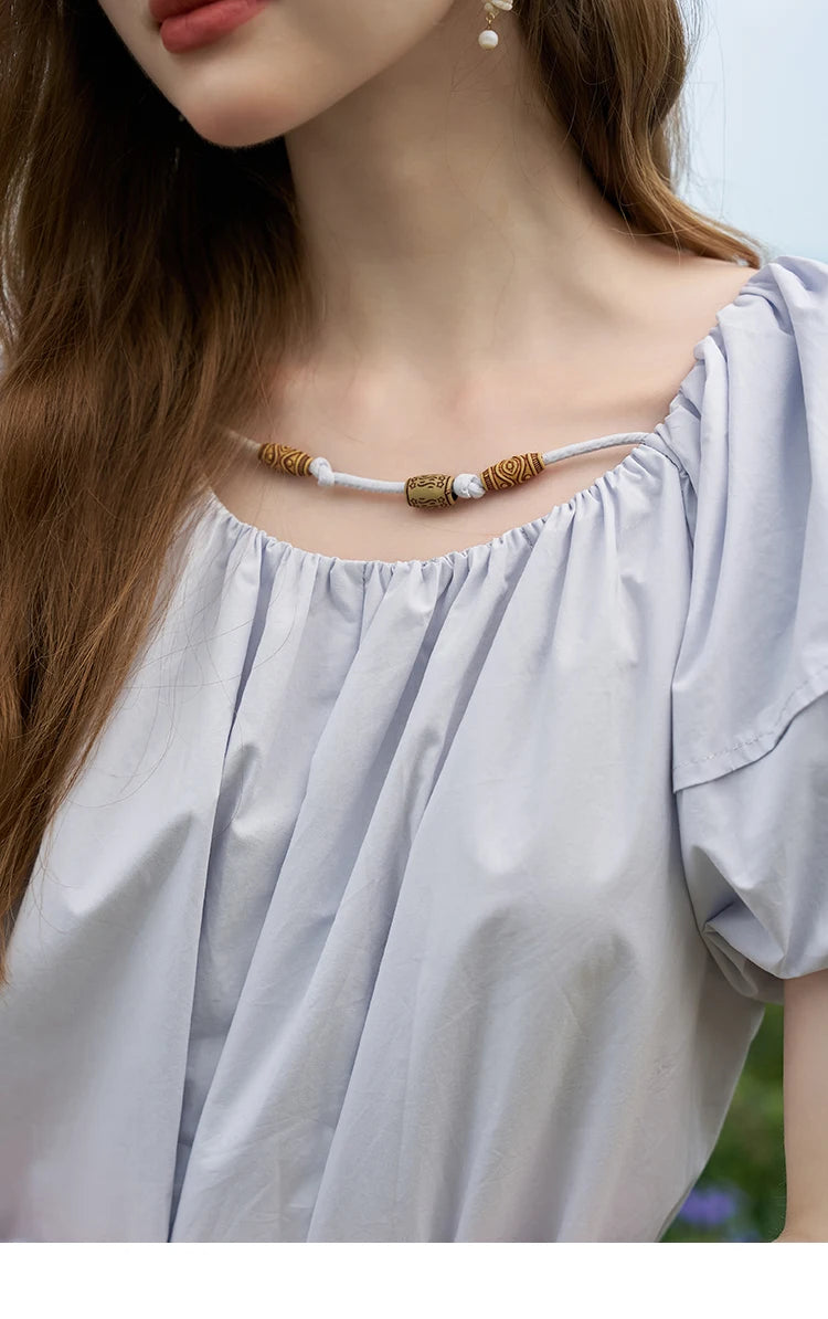 MISHOW 100 Cotton Bohemian Dress 2024 Summer French Elegant Elastic Round Neck Bubble Sleeve Long Dresses with Belt MXD26L1940