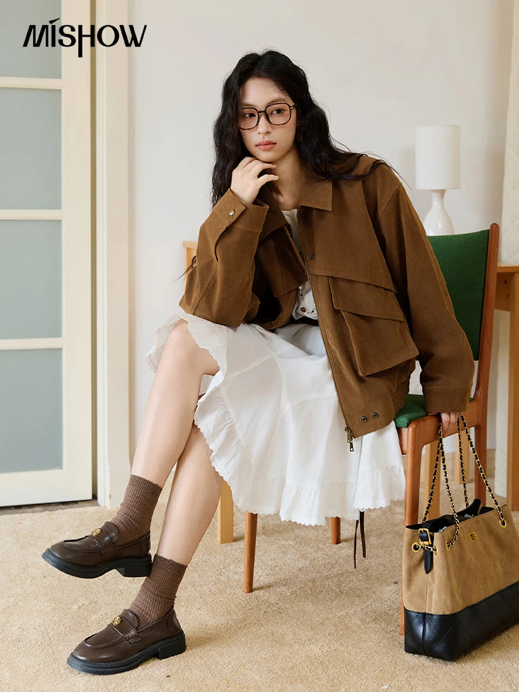 MISHOW Suede Retro Brown Jacket for Women Autumn Winter 2025 Pocket Zipper Loose Coats Lapel Wide-waisted Casual Coat MXE46W0866