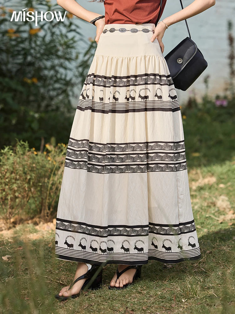 MISHOW Women's Bohemian Print Half Skirt 2025 Summer New Office Lady Fashion High Waist A-line Large Swing Skirt MXE36B0755