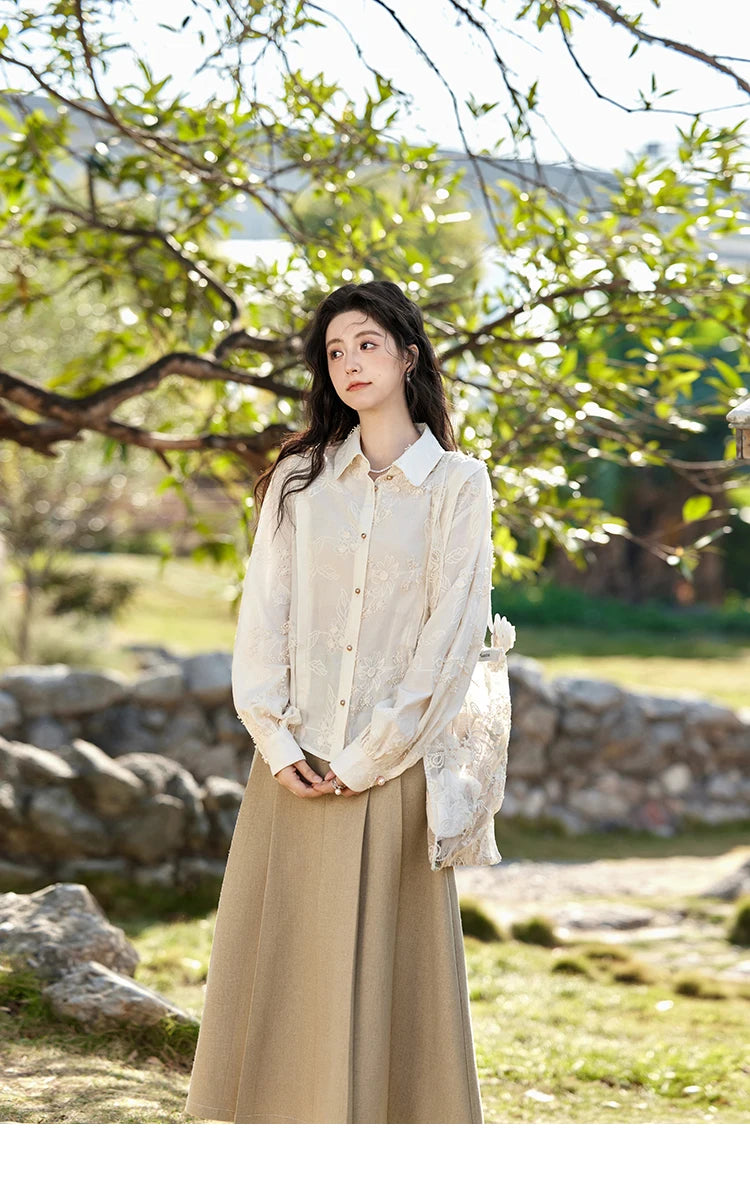 MISHOW 100Cotton Embroidered Jacquard Shirt for Women Spring 2025 Long Sleeved Loose Top Lapel Single Breasted Shirts MXE12C0391