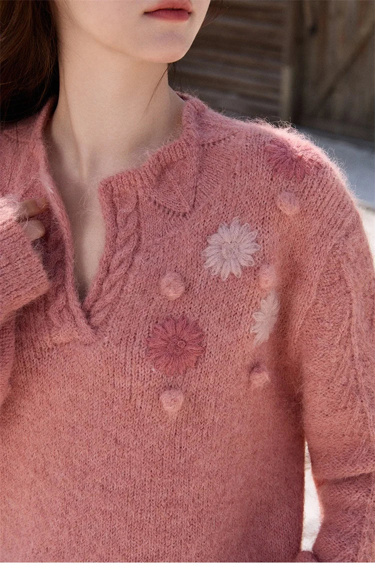 MISHOW Women's Raspberry Pink Wool Blend Sweater 2025 Winter French Floral Pom-Pom Embroidered V-Neck Knitted Top MXE86Z2740