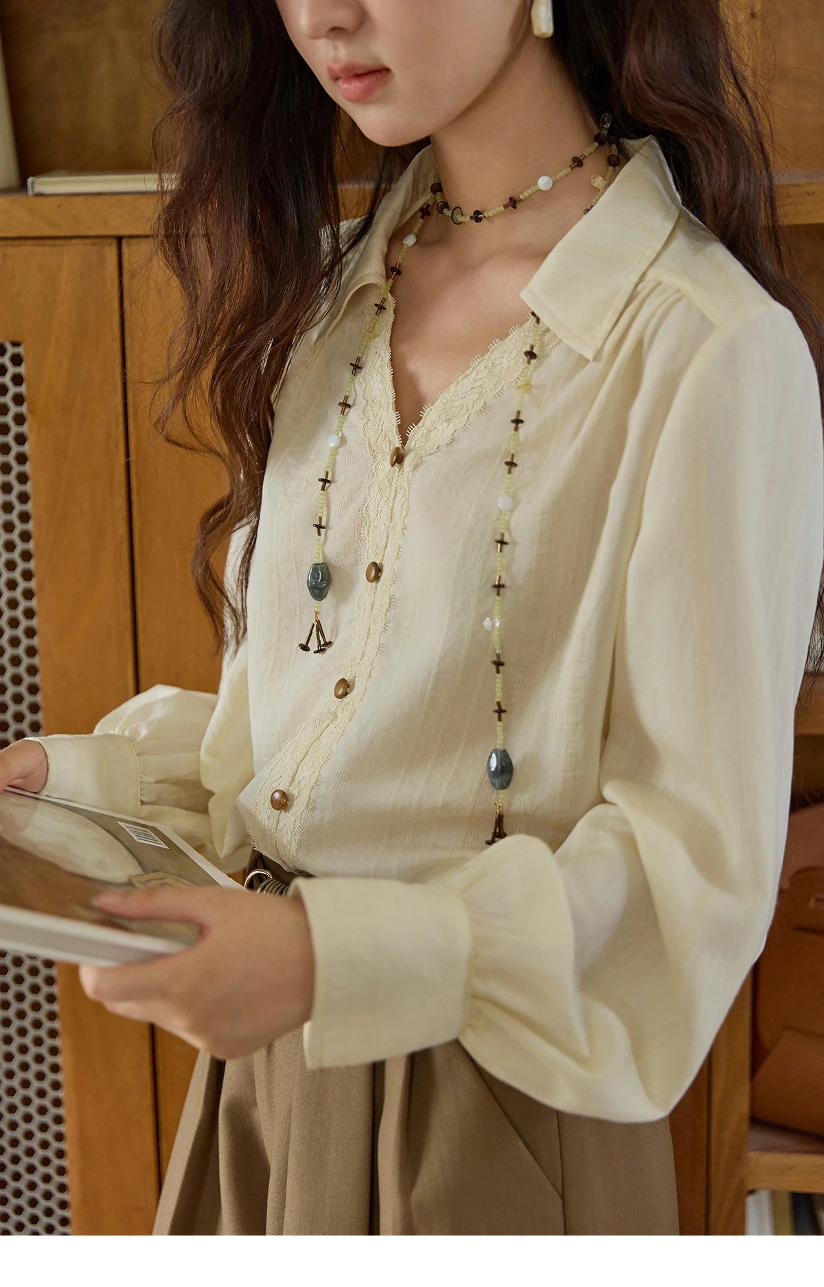 MISHOW Women's French V Neck Lace Panels Shirts 2025 Autumn Elegant Long Sleeve Apricot Top Office Chic Loose Shirt MXE43X2474