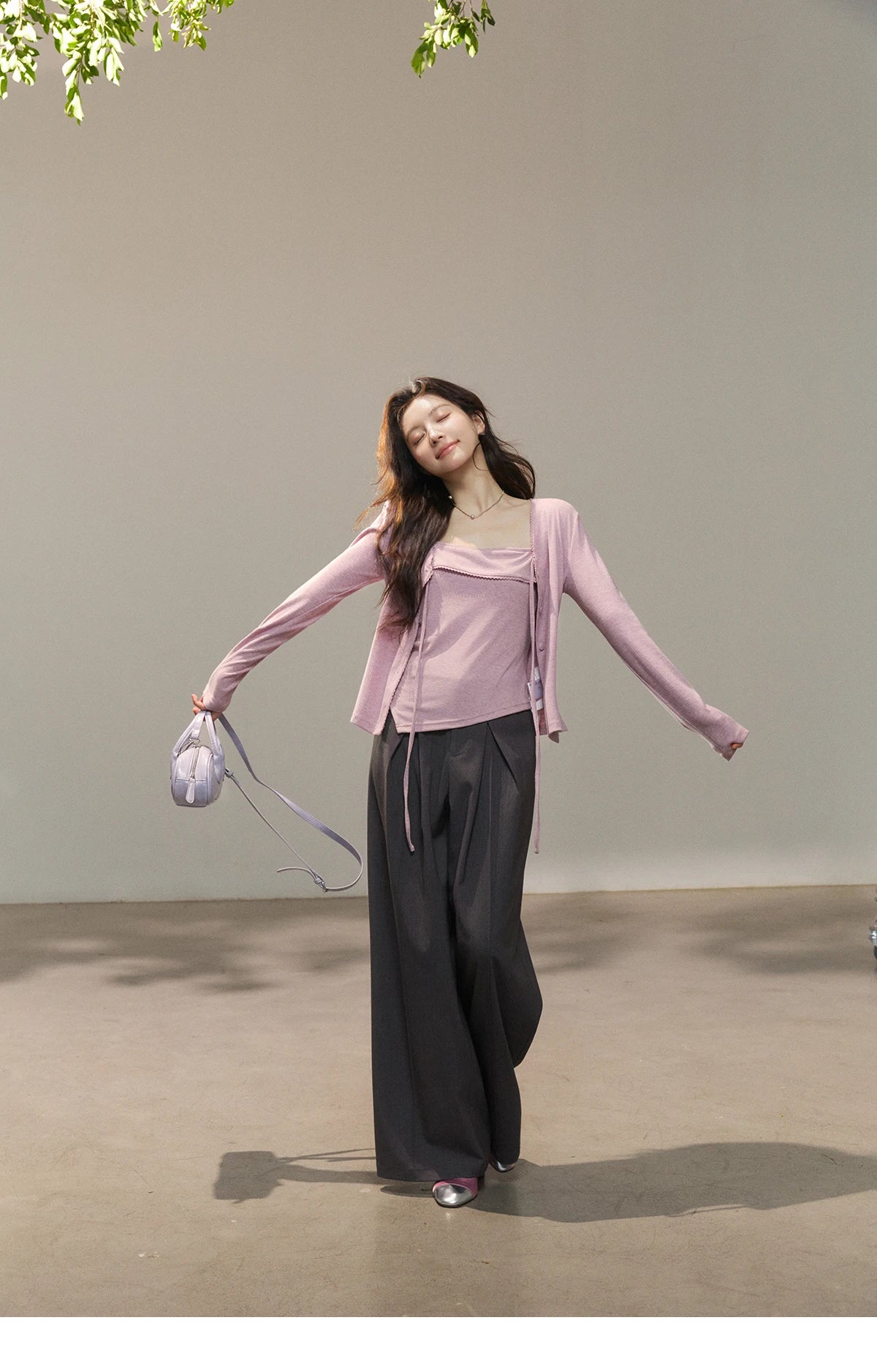 MISHOW Women's Purple Knitted Two-Piece Set 2026 Spring Knitted V-neck Lace-Up Cardigans Camisole Irregular Tops Set MXF13Z2998