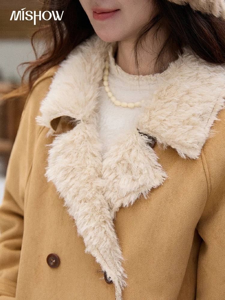 MISHOW Women Winter Jacket 2025 Fashion Suede Lambskin Fleece Coat Commute Windproof Retro Double-breasted Warm Coat MXE86W0907