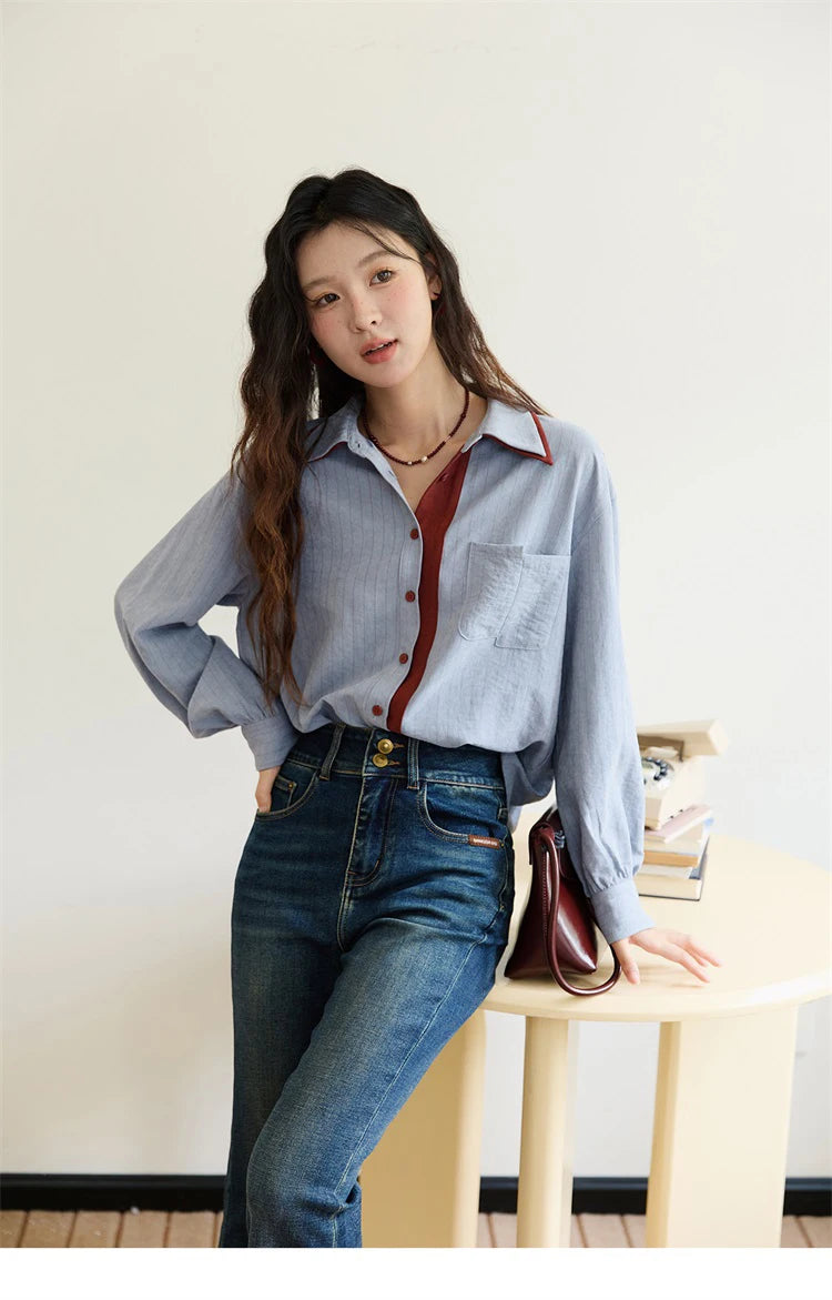 MISHOW Striped Shirt for Women Autumn 2025 Blue Red Splicing Contrasting Color Shirts Laple Loose Retro Commute Top MXE46C2405