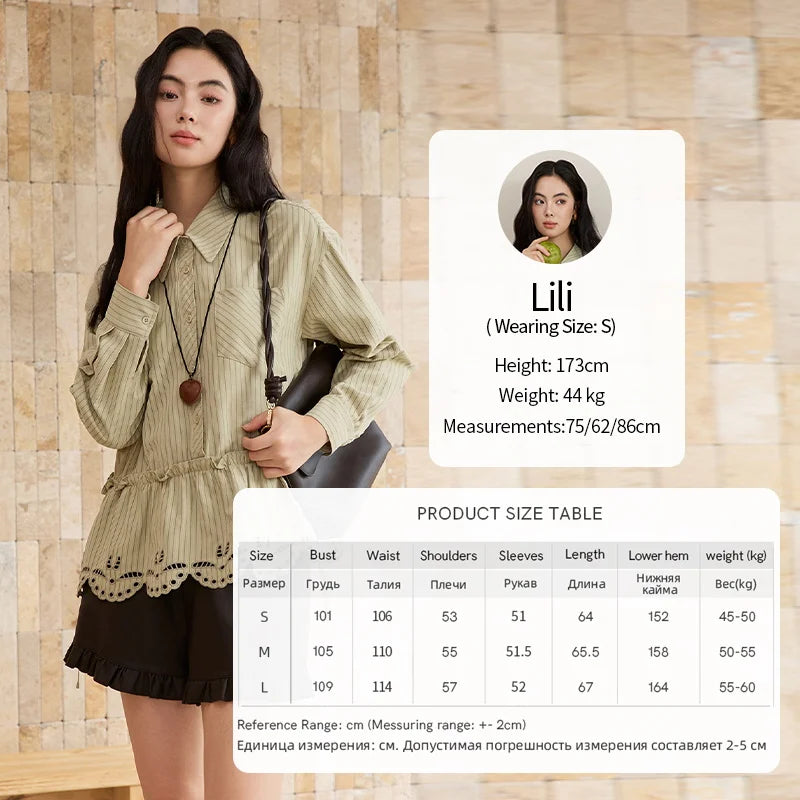 MISHOW Green Striped Shirt for Women 2025 Autumn New Fashion Design Embroidery Loose Casual Tops Commuting Shirt MXE49C2414