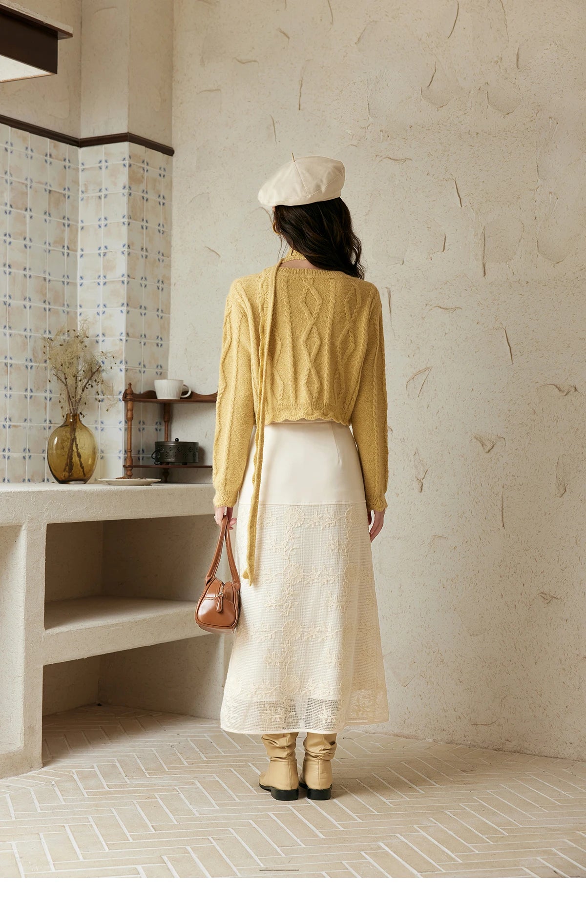 MISHOW Romantic Lace Wave Lace O-neck Knitted Sweater 2024 French Short Top Solid Hollow Elegant Sweater with Belt MPD42Z0736