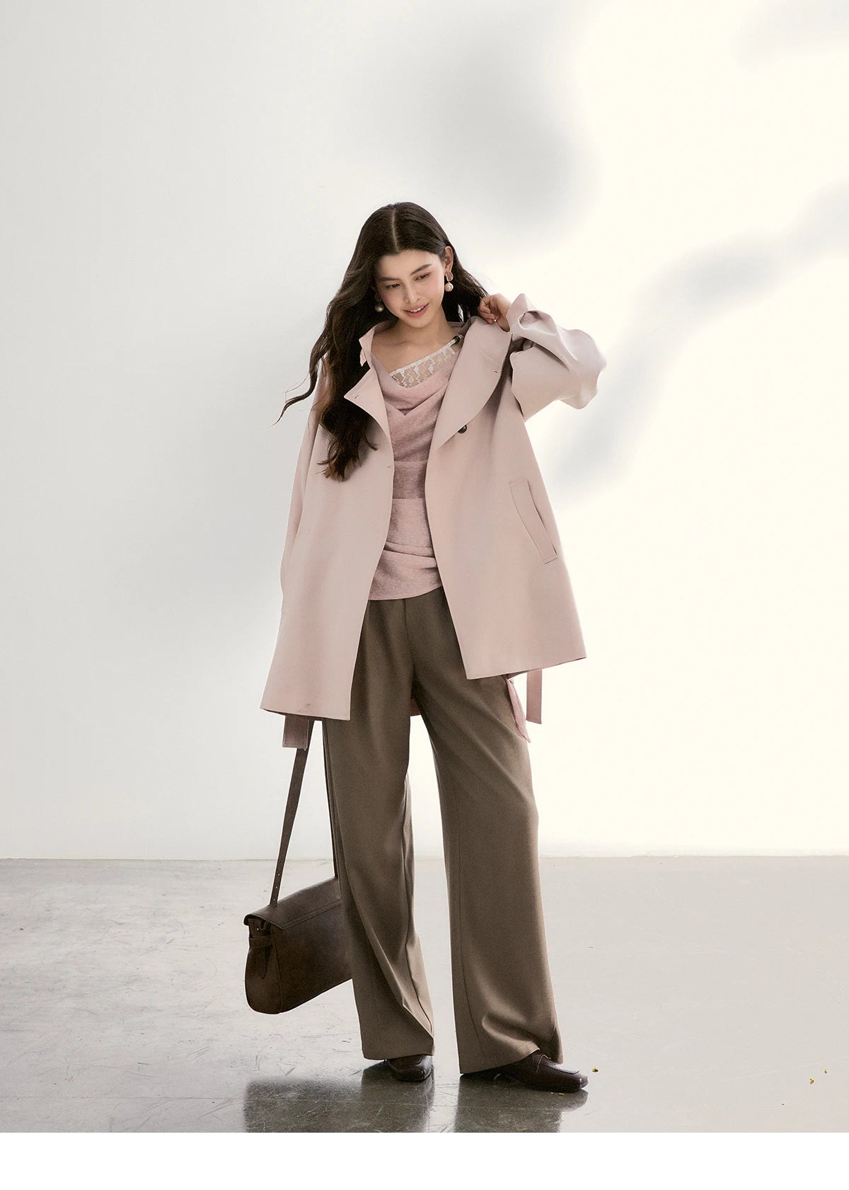 MISHOW Women's Splicing Lace Trim Draped Neck Long Sleeve Tops 2026 Spring Side Tie Ruched Irregular Casual Slim Tees MXF13Z2995