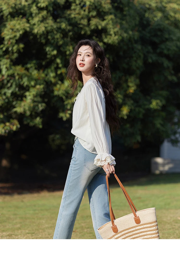 MISHOW Lace Patchwork Shirt for Women Spring 2025 V-neck with Fungus Edge Lace-up Chiffon Top Petal Sleeve Shirts MXE13X1713